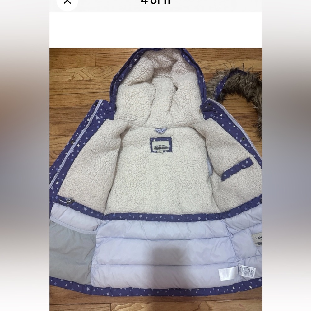 LANDS END GIRLS DOWN WINTER JACKET Sz S 7-8 Hooded Purple Stars - Picture 4 of 9